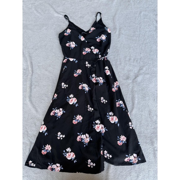 Abercrombie & Fitch Dress Womens Small Black Floral Wrap Midi Sleeveless V Neck - Picture 3 of 13